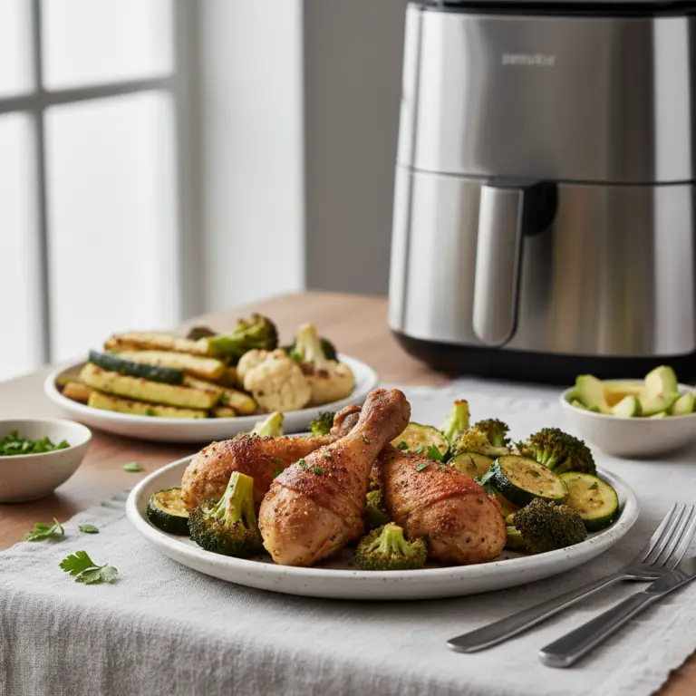 Ilustração editorial: Almoço low carb air fryer: 5 receitas em menos de 20 minutos