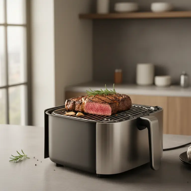 Ilustração editorial: Bife na air fryer: como fazer em 8 minutos com ponto perfeito