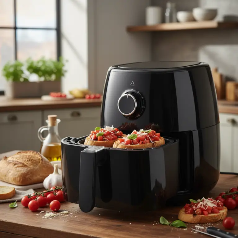 Ilustração editorial: Brusqueta na Air Fryer: Pronta em 5 Minutos com Crocância Perfeita