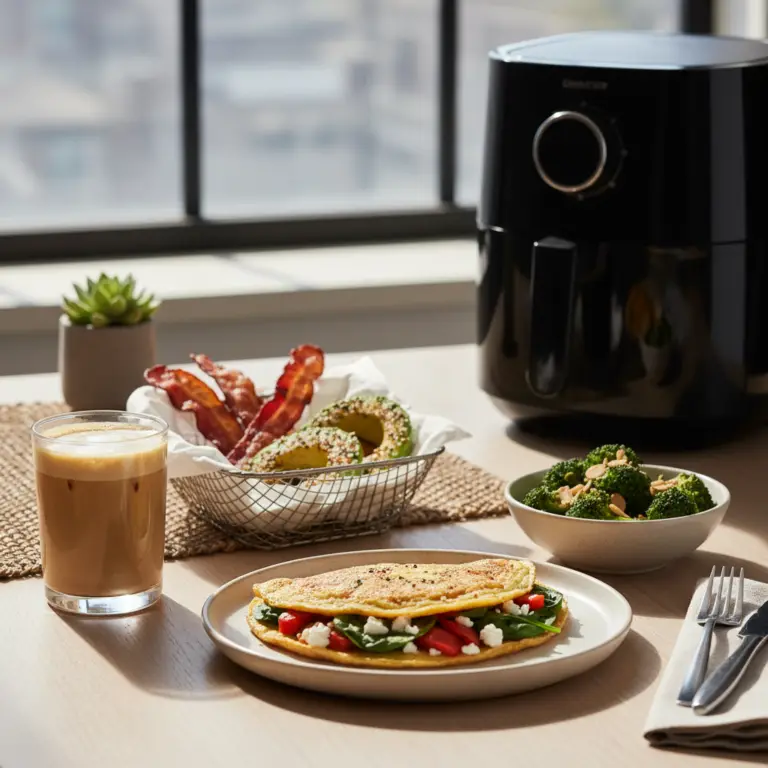 Ilustração editorial: Café da manhã low carb air fryer: 5 receitas prontas em 10 min