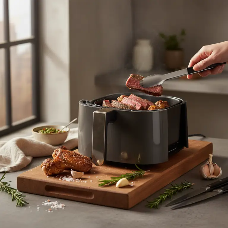 Ilustração editorial: Carne na air fryer: 5 segredos para o ponto perfeito