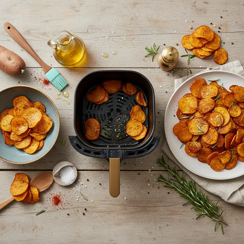 Chips de batata doce na air fryer: 3 passos para crocância total — resultado