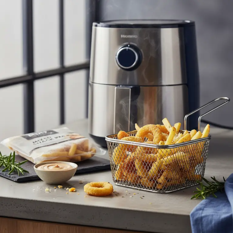 Ilustração editorial: Comida congelada na air fryer: 5 segredos para ficar crocante