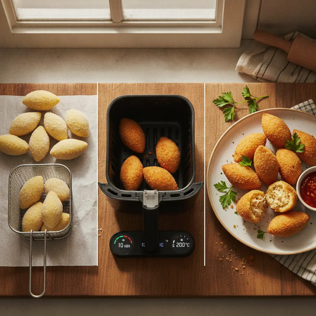 Coxinha congelada na air fryer: 3 passos para ficar 100% igual — resultado