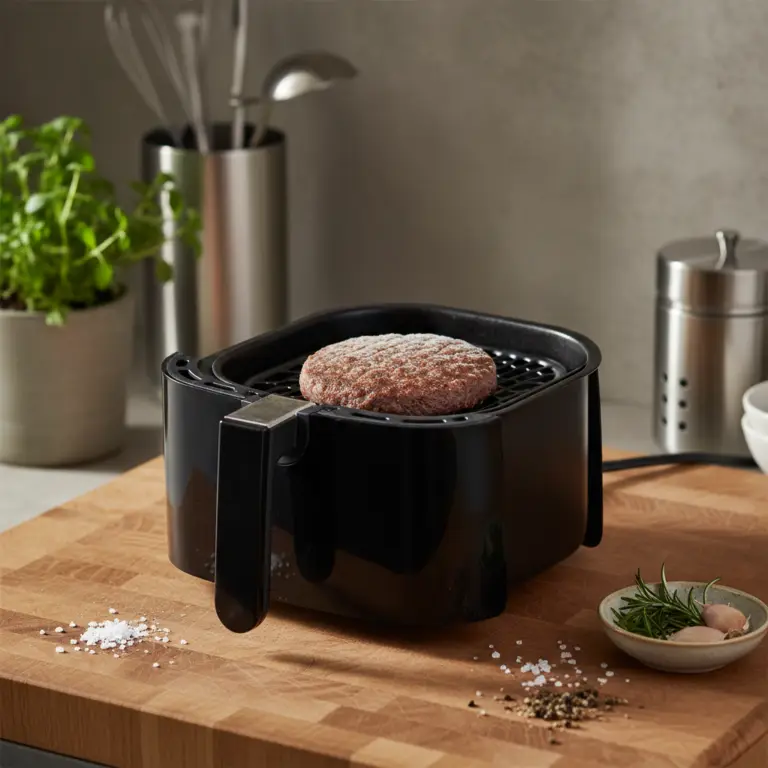 Ilustração editorial: Hamburguer congelado na air fryer: pronto em 12 minutos
