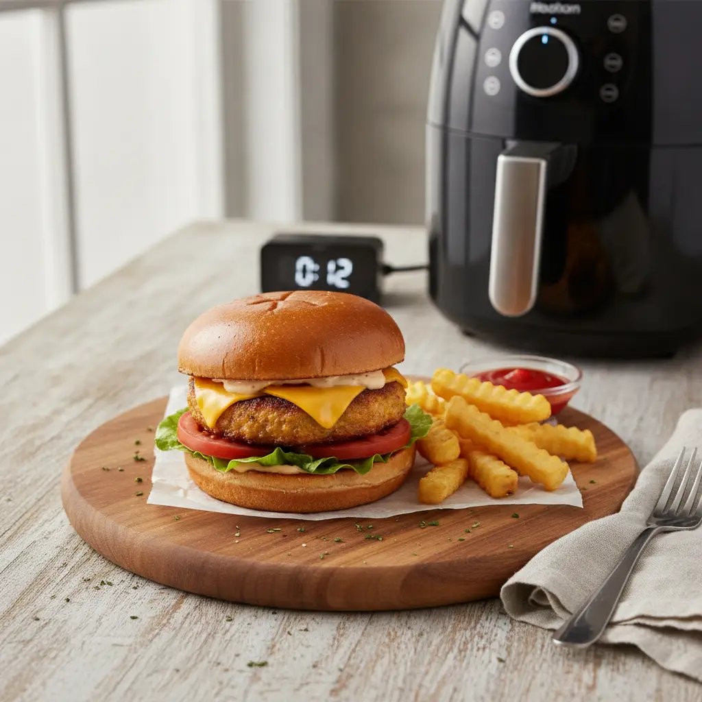 Hamburguer congelado na air fryer: pronto em 12 minutos — resultado