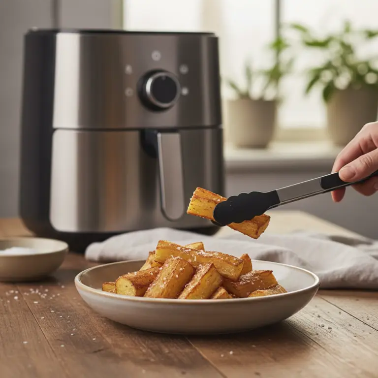 Ilustração editorial: Mandioca na air fryer: 5 passos para ficar crocante em 20 min