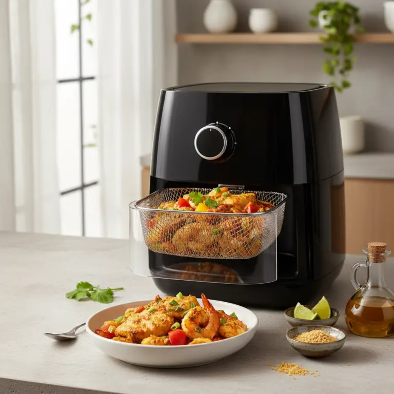 Ilustração editorial: Moqueca na Air Fryer: 3 Passos para um Prato Suculento