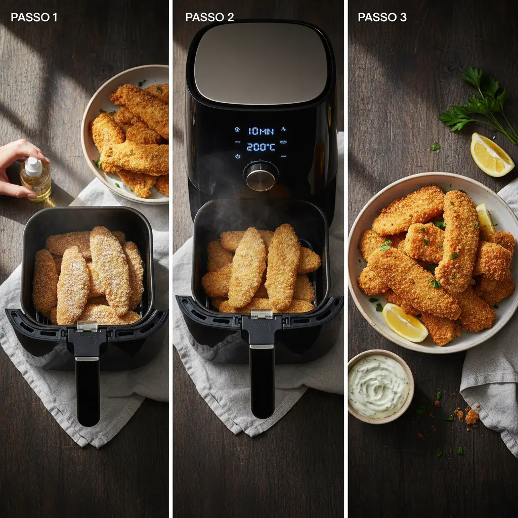 Peixe empanado congelado na air fryer: 3 passos para crocância — resultado