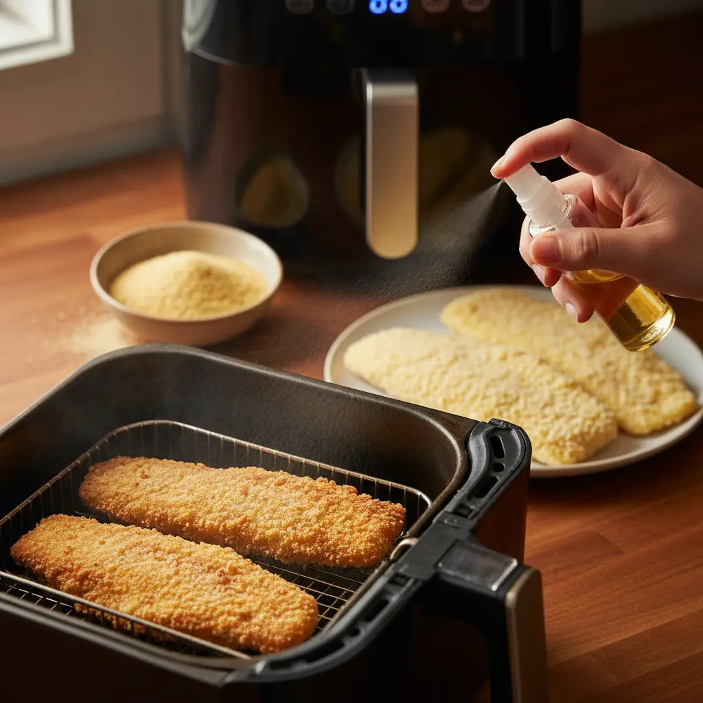 Peixe empanado congelado na air fryer: 3 passos para crocância — detalhe