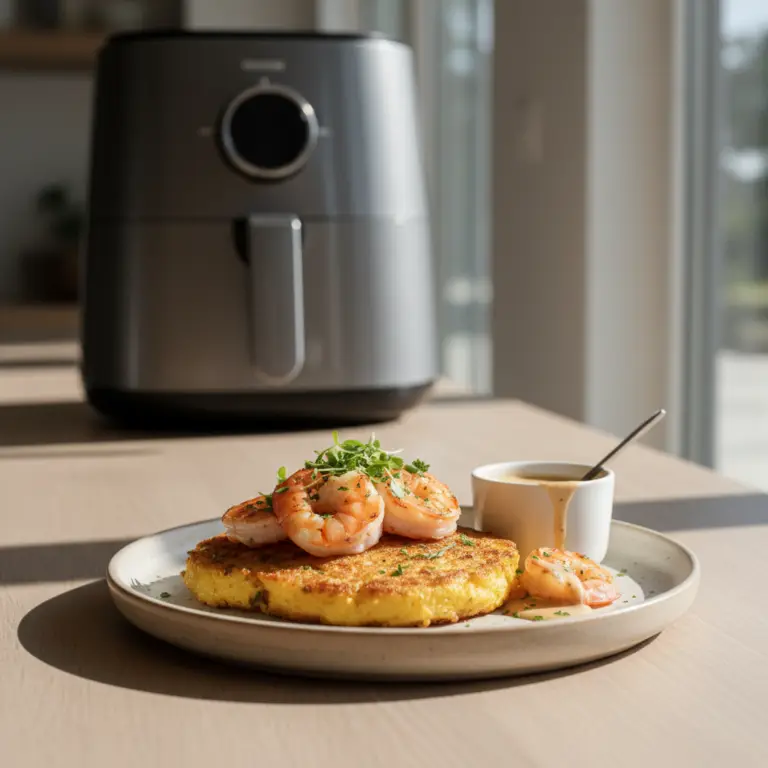 Ilustração editorial: Polenta de camarão na air fryer: receita infalível em 20 min