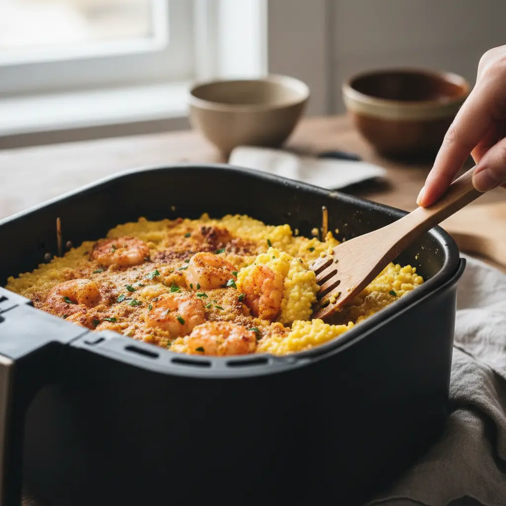 Polenta de camarão na air fryer: receita infalível em 20 min — detalhe