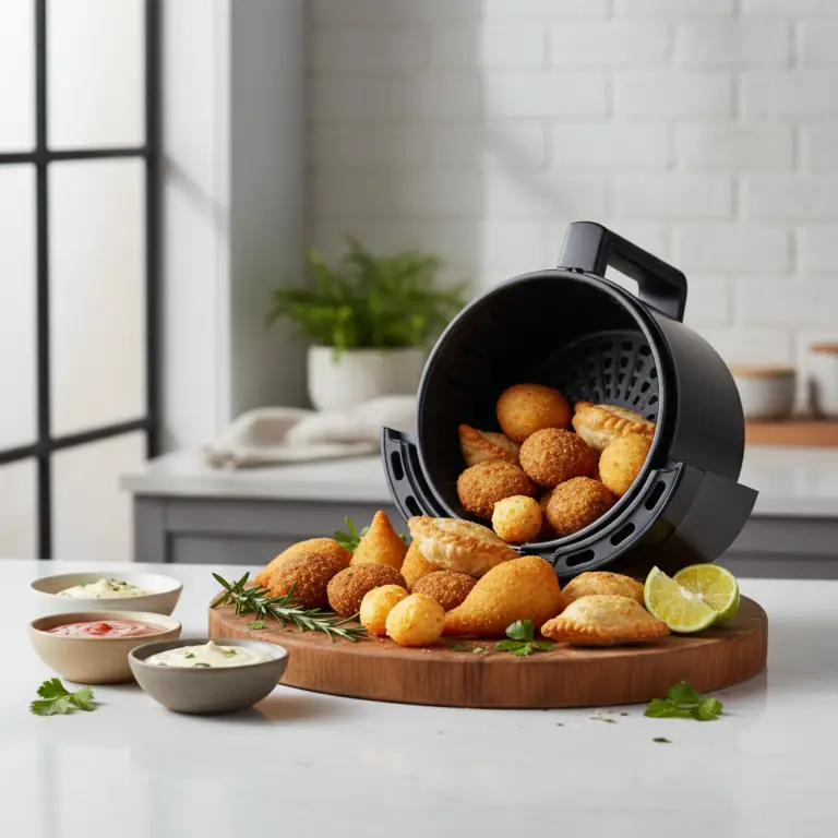 Ilustração editorial: Salgados na Air Fryer: 5 Segredos para Ficar Crocante em 10 Min