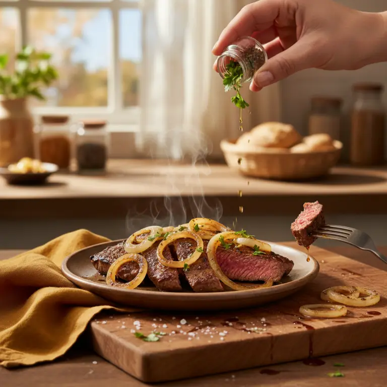Ilustração editorial: Carne na Air Fryer: Bife de Fígado Acebolado em 10 Minutos