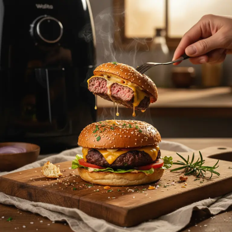 Ilustração editorial: Hambúrguer na air fryer philips walita: 3 passos para o ponto ideal