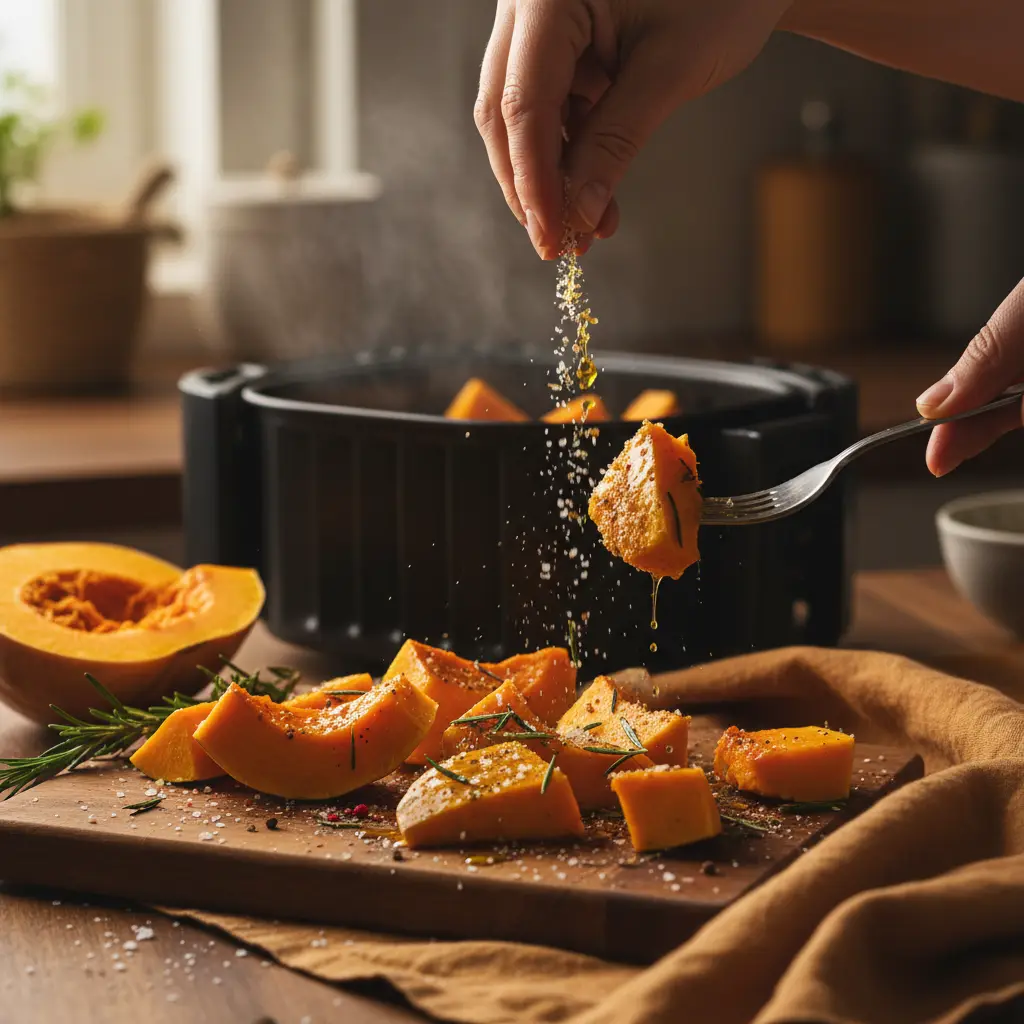 Legumes na air fryer: abóbora cabotiá pronta em 20 minutos — detalhe