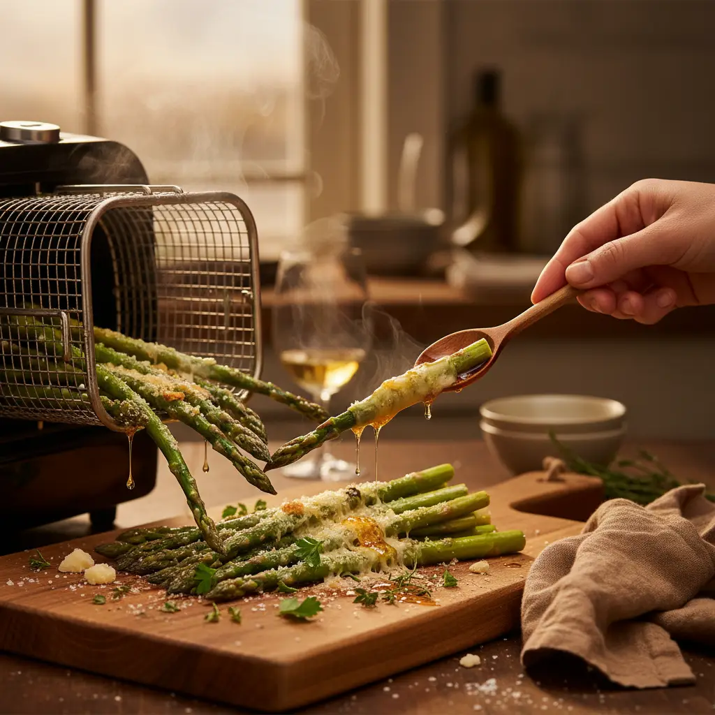 Legumes na air fryer: aspargos crocantes com parmesão em 8 min — detalhe