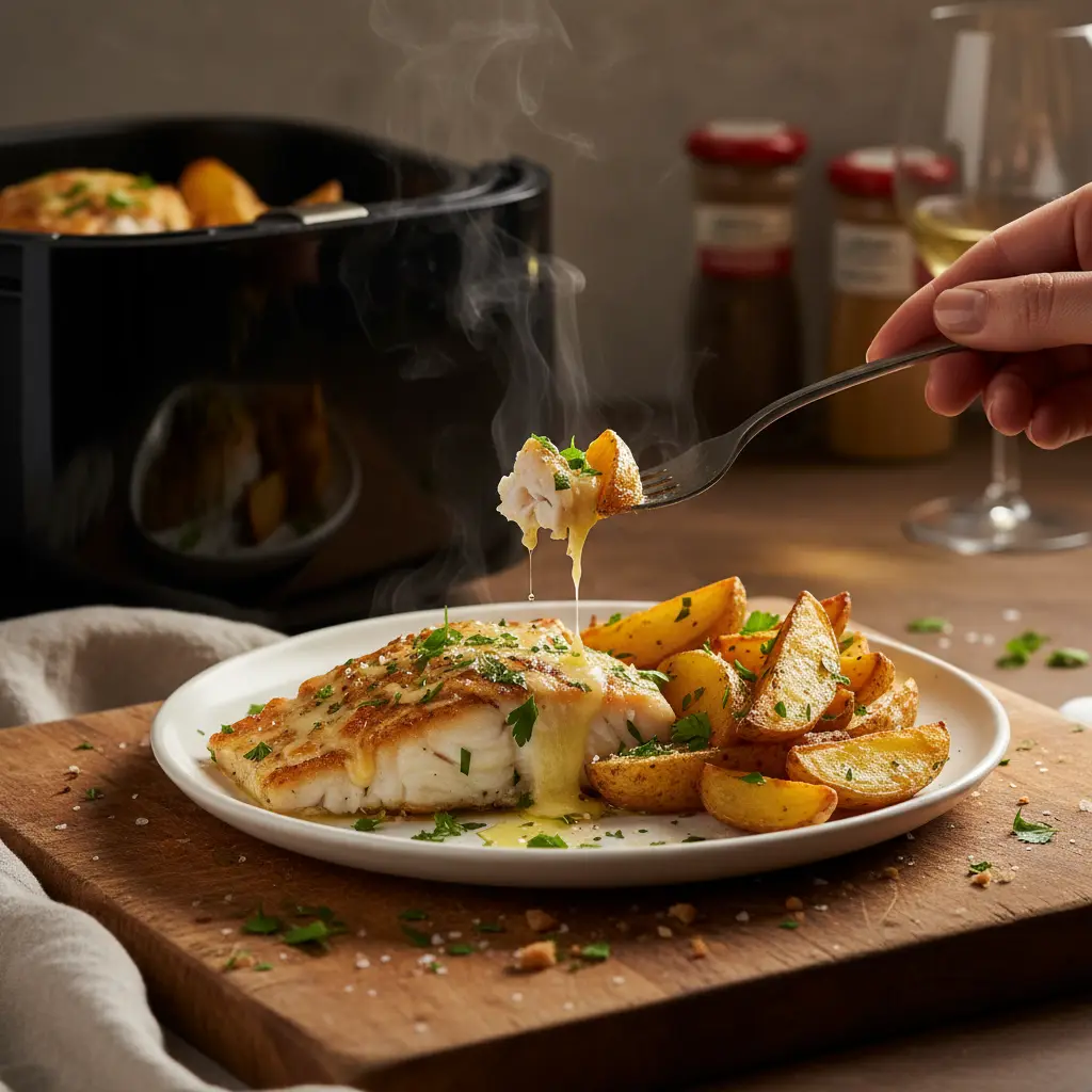 Peixe na air fryer: bacalhau com batatas em 25 minutos — detalhe
