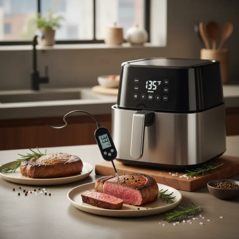 Ilustração editorial: Temperatura ideal da carne na air fryer: guia com 5 segredos